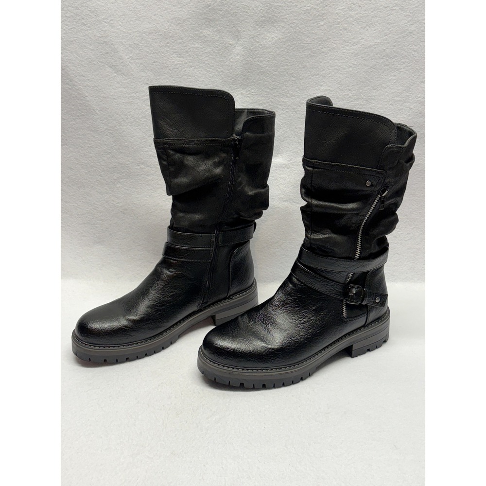 Maurices Blaire Mid Shaft Moto Boots Black Buckle Slouchy Lug Sole Womens 9M - Picture 2 of 12